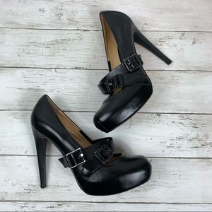 Lamb Black Leather Heels Box Toe Strappy Buckle